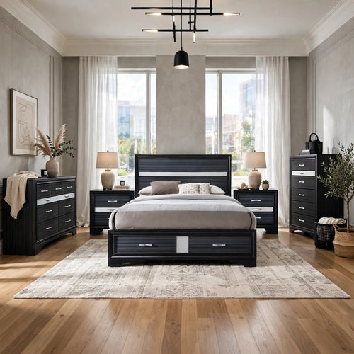 King Bedroom Set, Black Silver, 5pc w 2 Nightstands, Dresser, Chest