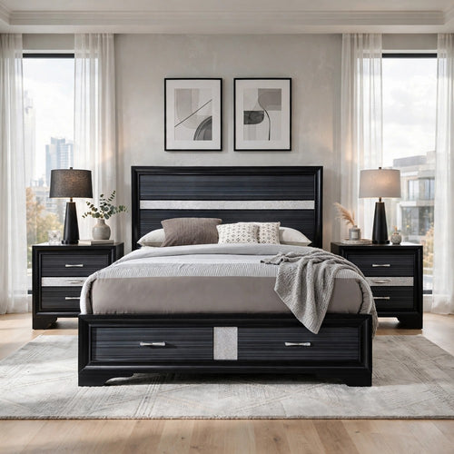 Cal King Bedroom Set, Upholstered Design, Gray, 3pc w 2 Nightstands