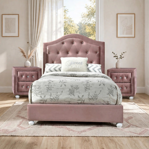 Full Bedroom Set, Upholstered Design, Pink White, 3pc w 2 Nightstands