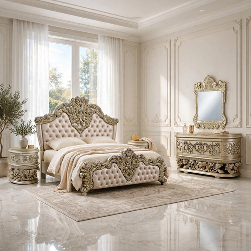 King Bedroom Set, Silver, 5pc w 2 Nightstands, Dresser, Mirror