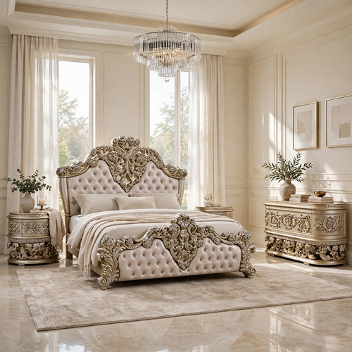 King Bedroom Set, Silver, 4pc w 2 Nightstands, Dresser