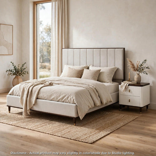 King Bedroom Set, Upholstered Design, White Brown, 2pc w Nightstand