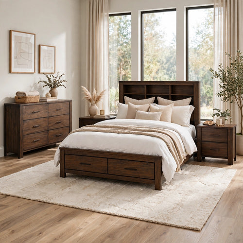 Queen Bedroom Set, Storage Design, Brown, 4pc w 2 Nightstands, Dresser