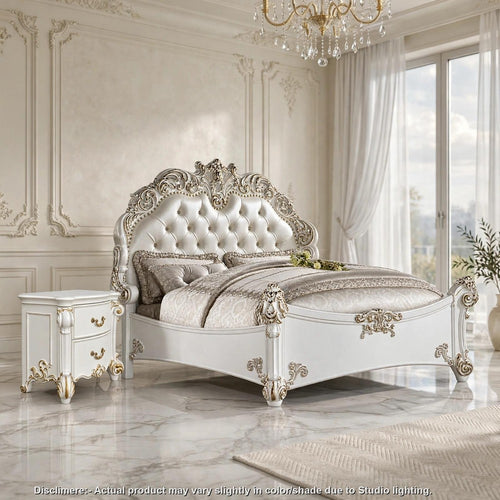 Cal King Bedroom Set, Upholstered Design, White, 2pc w NS