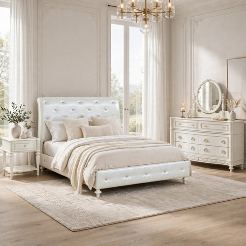 Full Bedroom Set, Pearl White Ivory, 4pc w Nightstand, Dresser