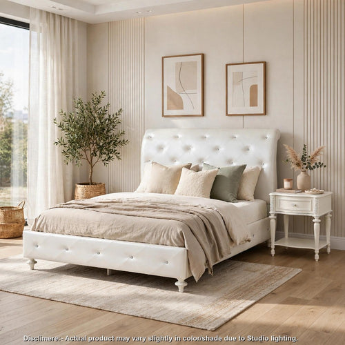 Full Bedroom Set, Upholstered Design, Pearl White Ivory, 2pc w Nightstand
