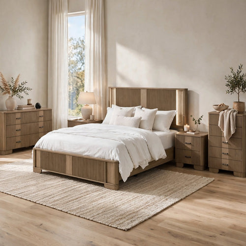 King Bedroom Set, LED Lighting, Oak Brown, 5pc w 2 NS, Dresser, Chest