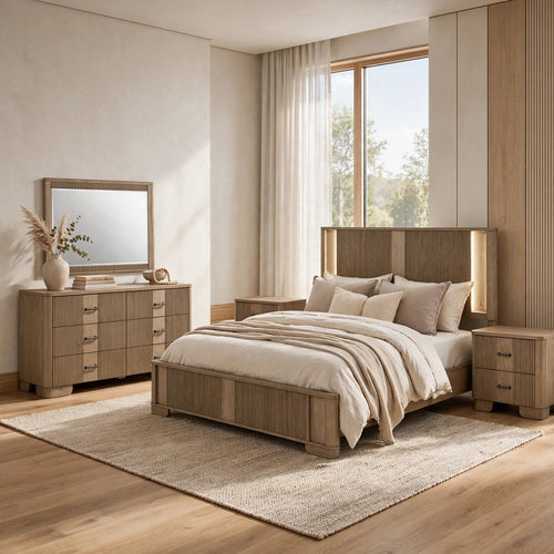 Queen Bedroom Set, LED Lighting, Oak Brown, 5pc w 2 NS, Dresser