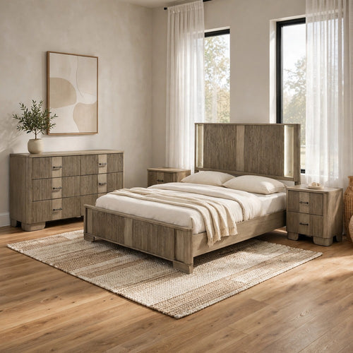 Queen Bedroom Set, LED Lighting, Oak Brown, 4pc w 2 NS, Dresser
