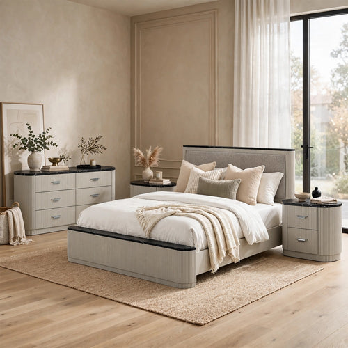 King Bedroom Set, Gray Beige, 4pc w 2 Nightstands, Dresser
