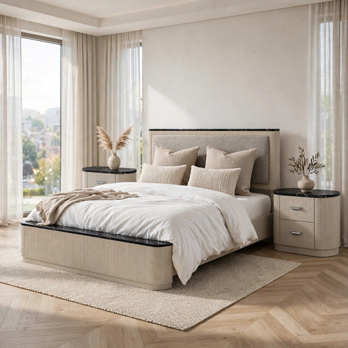 King Bedroom Set, Upholstered Design, Gray Beige, 3pc w 2 Nightstands