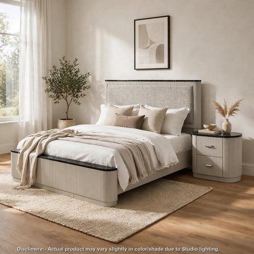 King Bedroom Set, Upholstered Design, Gray Beige, 2pc w Nightstand