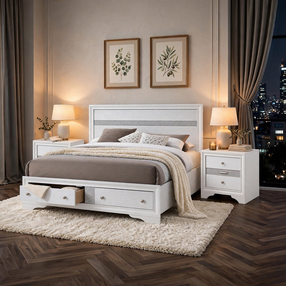 3pc King Bedroom Set, Storage White, 2 Nightstands
