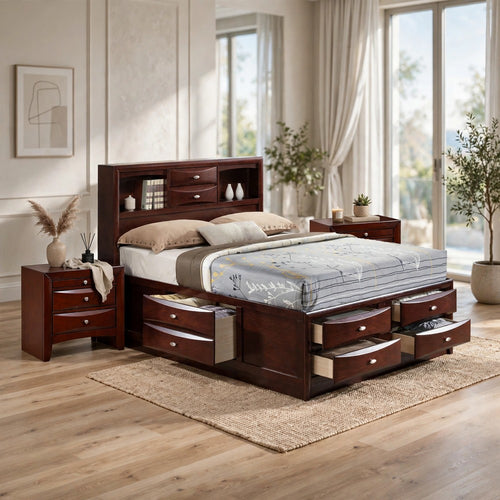 3pc King Bedroom Set, Storage Brown, 2 Nightstands