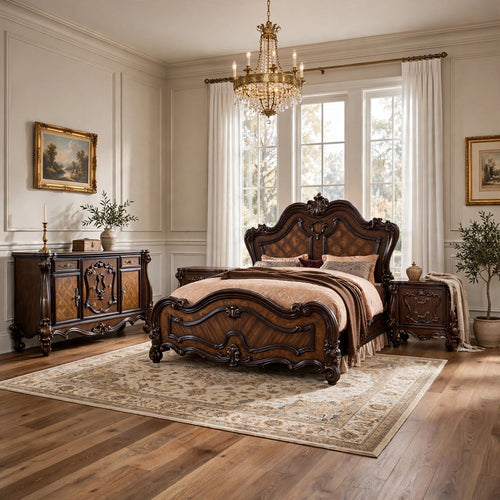 4pc King Bedroom Set, Brown, 2 Nightstands and Dresser