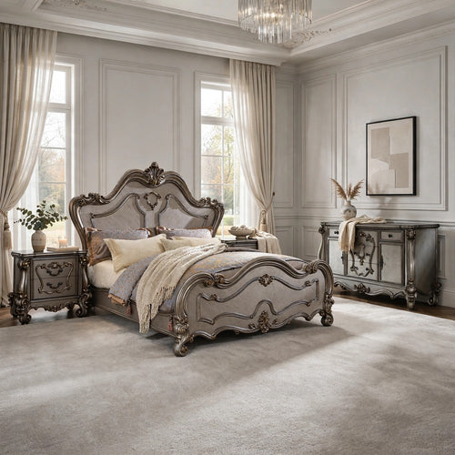 4pc Queen Bedroom Set, Silver and Gray, 2 Nightstands and Dresser