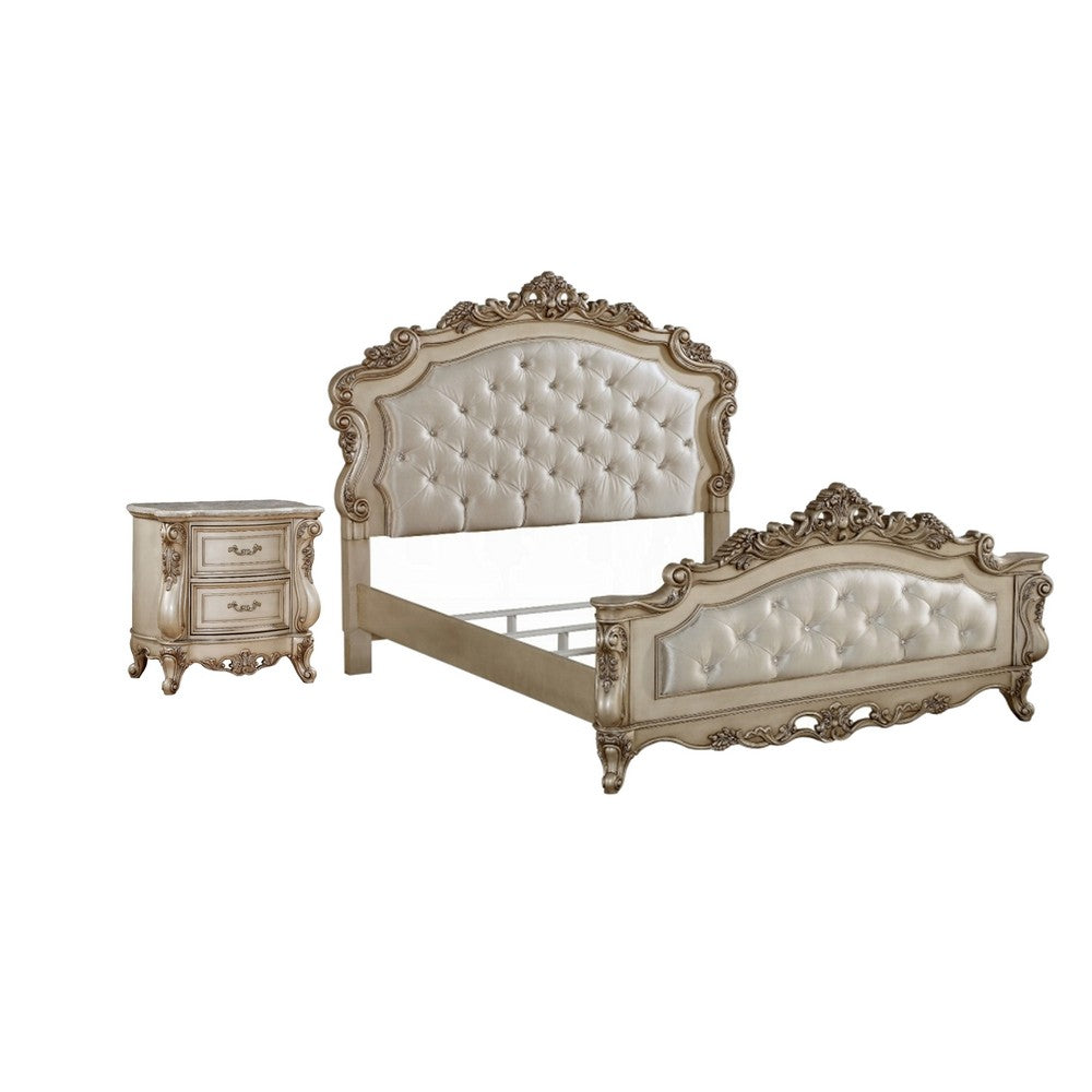 2pc King Bedroom Set, Upholstered Design, Gold and White, Nightstand