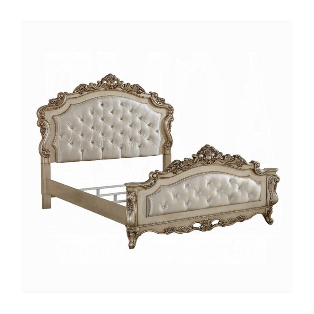 2pc King Bedroom Set, Upholstered Design, Gold and White, Nightstand