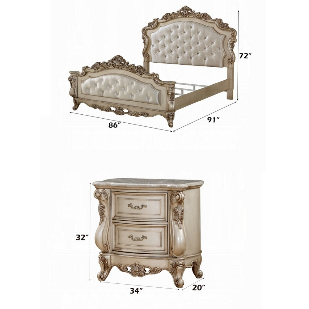 2pc King Bedroom Set, Upholstered Design, Gold and White, Nightstand