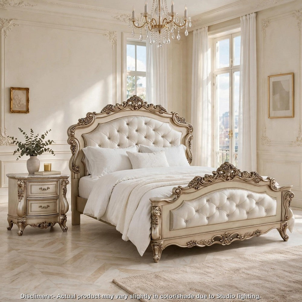 2pc King Bedroom Set, Upholstered Design, Gold and White, Nightstand