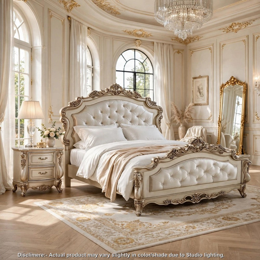 2pc King Bedroom Set, Upholstered Design, Gold and White, Nightstand