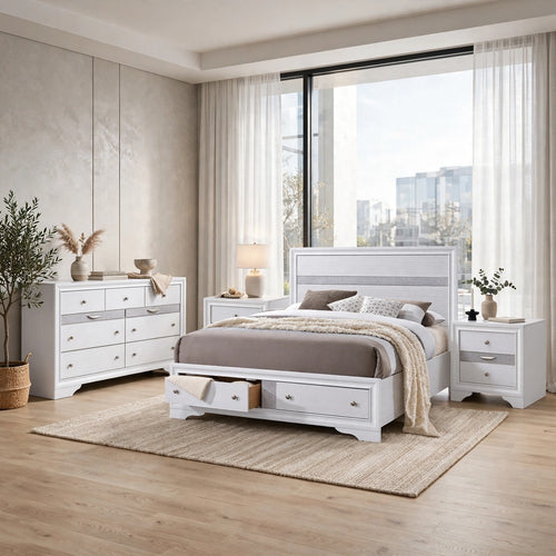 4pc King Bedroom Set, Storage White, 2 Nightstands and Dresser