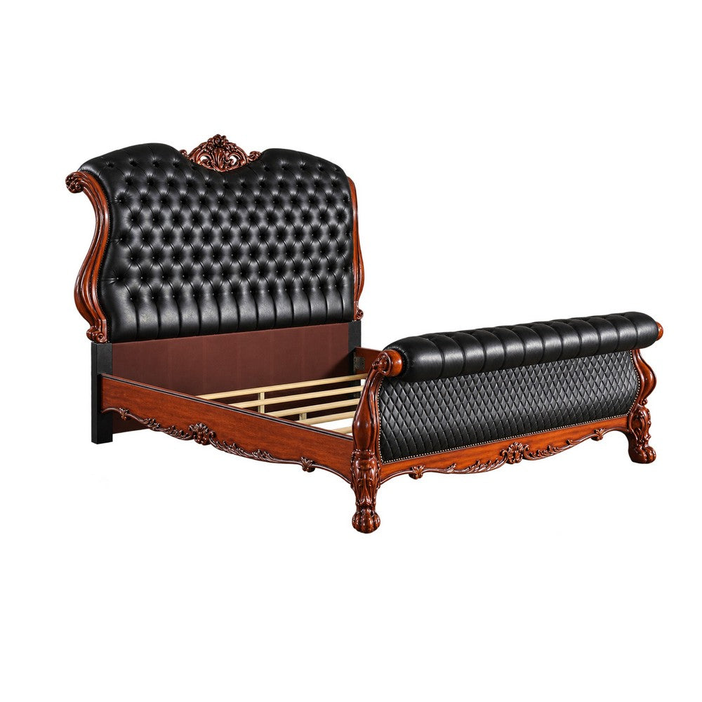 3pc Queen Bedroom Set, Sleigh Design, Black and Brown, 2 Nightstands