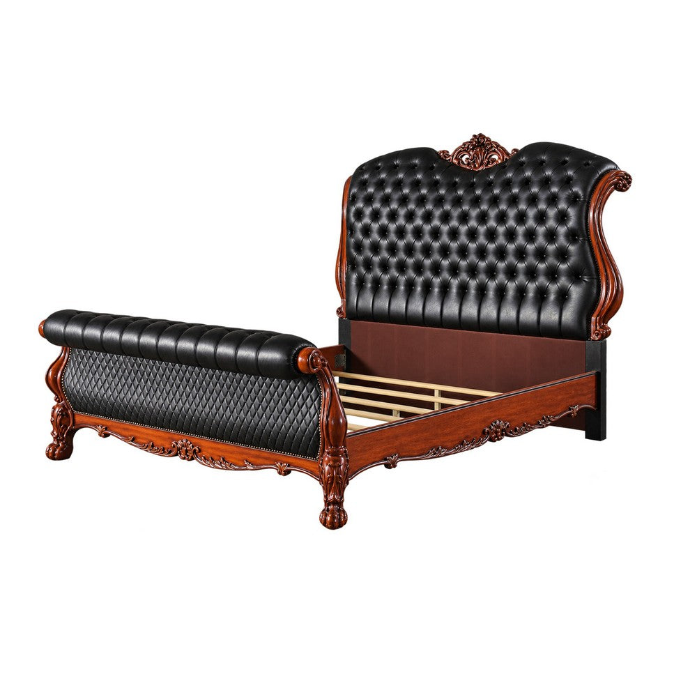 3pc Queen Bedroom Set, Sleigh Design, Black and Brown, 2 Nightstands