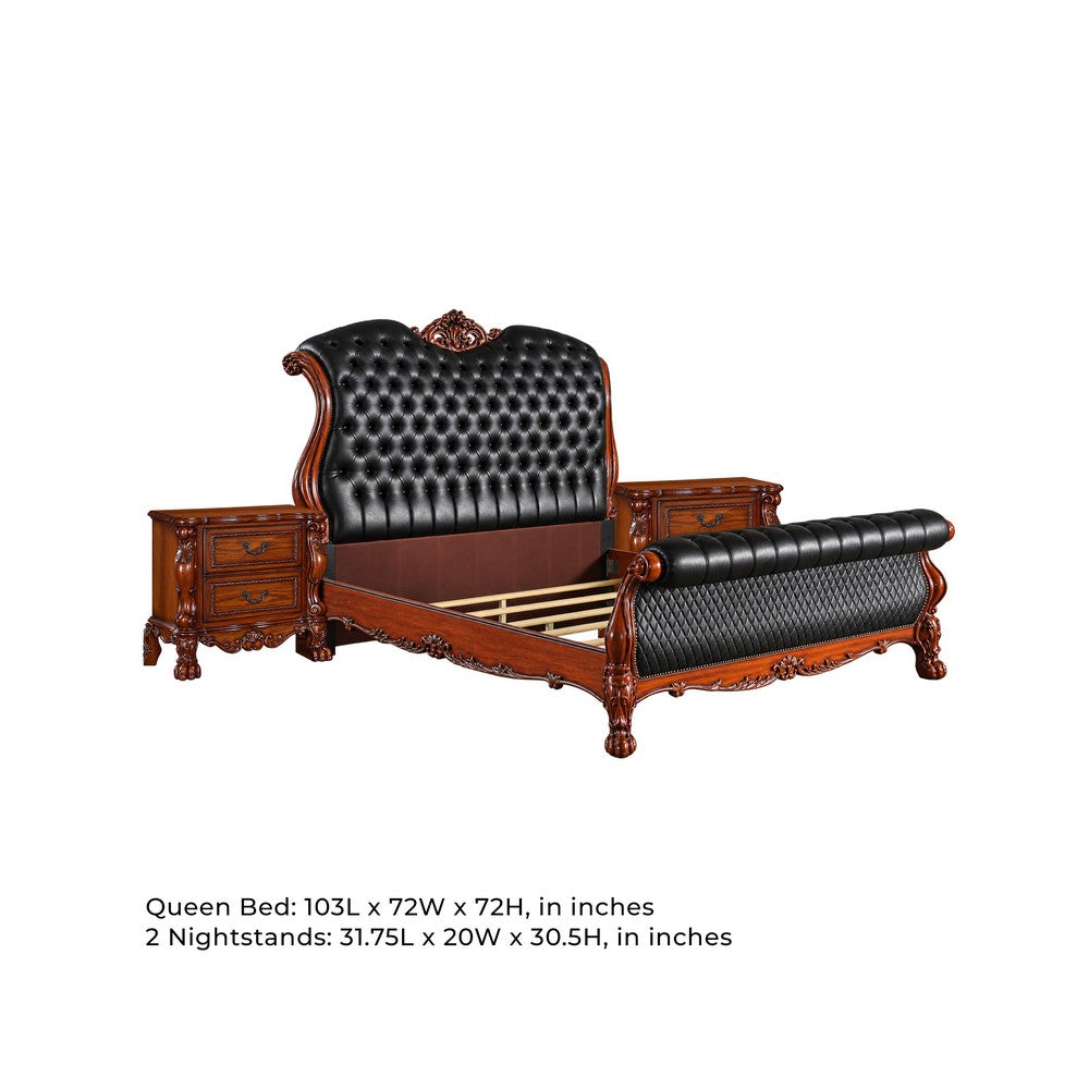 3pc Queen Bedroom Set, Sleigh Design, Black and Brown, 2 Nightstands