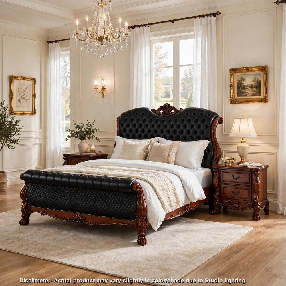 3pc Queen Bedroom Set, Sleigh Design, Black and Brown, 2 Nightstands