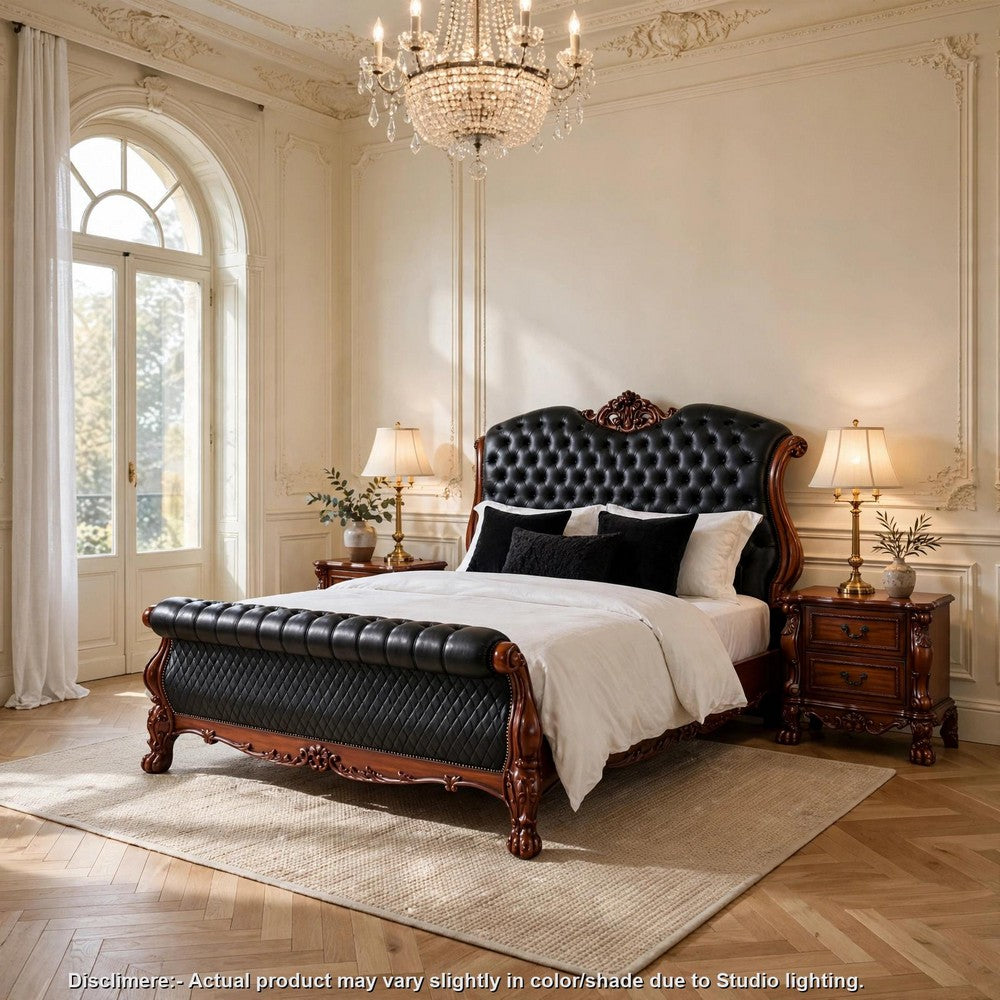 3pc Queen Bedroom Set, Sleigh Design, Black and Brown, 2 Nightstands