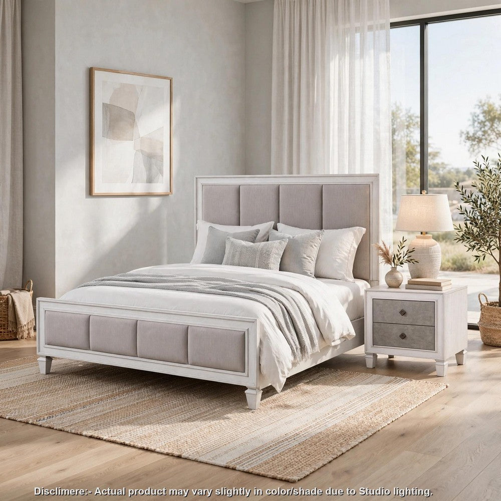 2pc King Bedroom Set, Upholstered Design, Gray and White, Nightstand