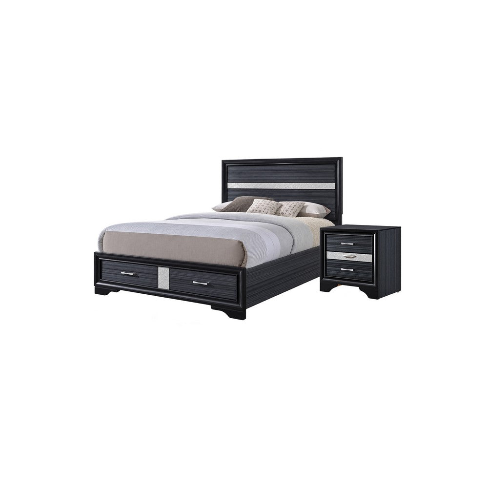 2pc Queen Bedroom Set, Storage Black, Gray, and Silver, Nightstand