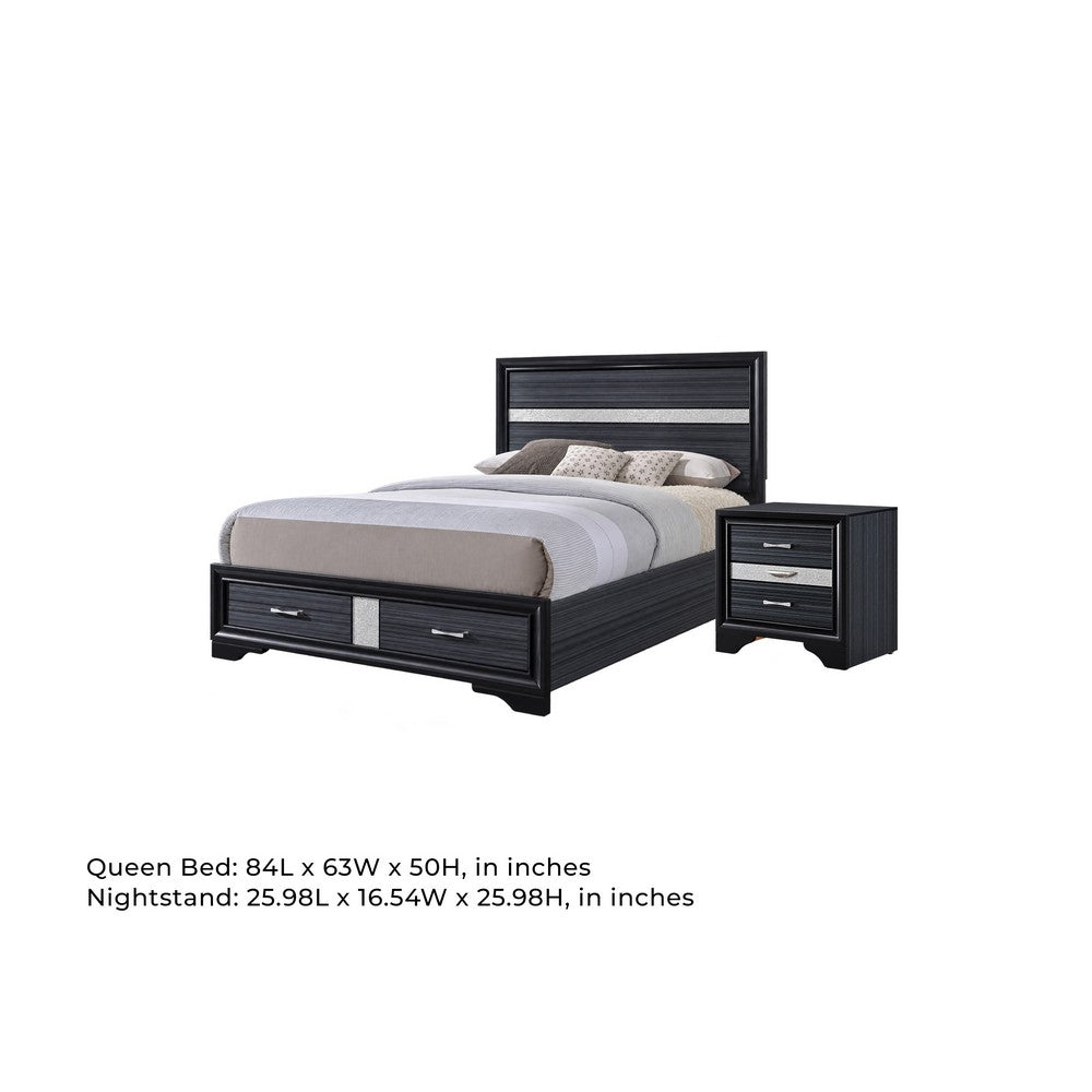 2pc Queen Bedroom Set, Storage Black, Gray, and Silver, Nightstand