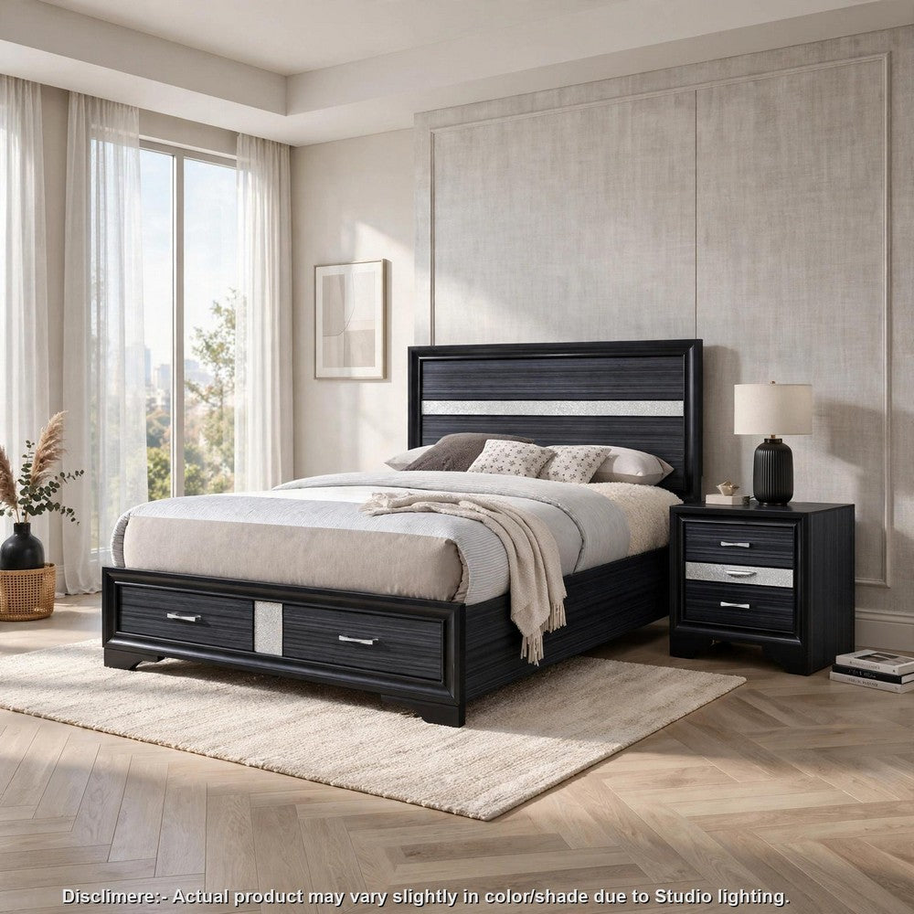 2pc Queen Bedroom Set, Storage Black, Gray, and Silver, Nightstand