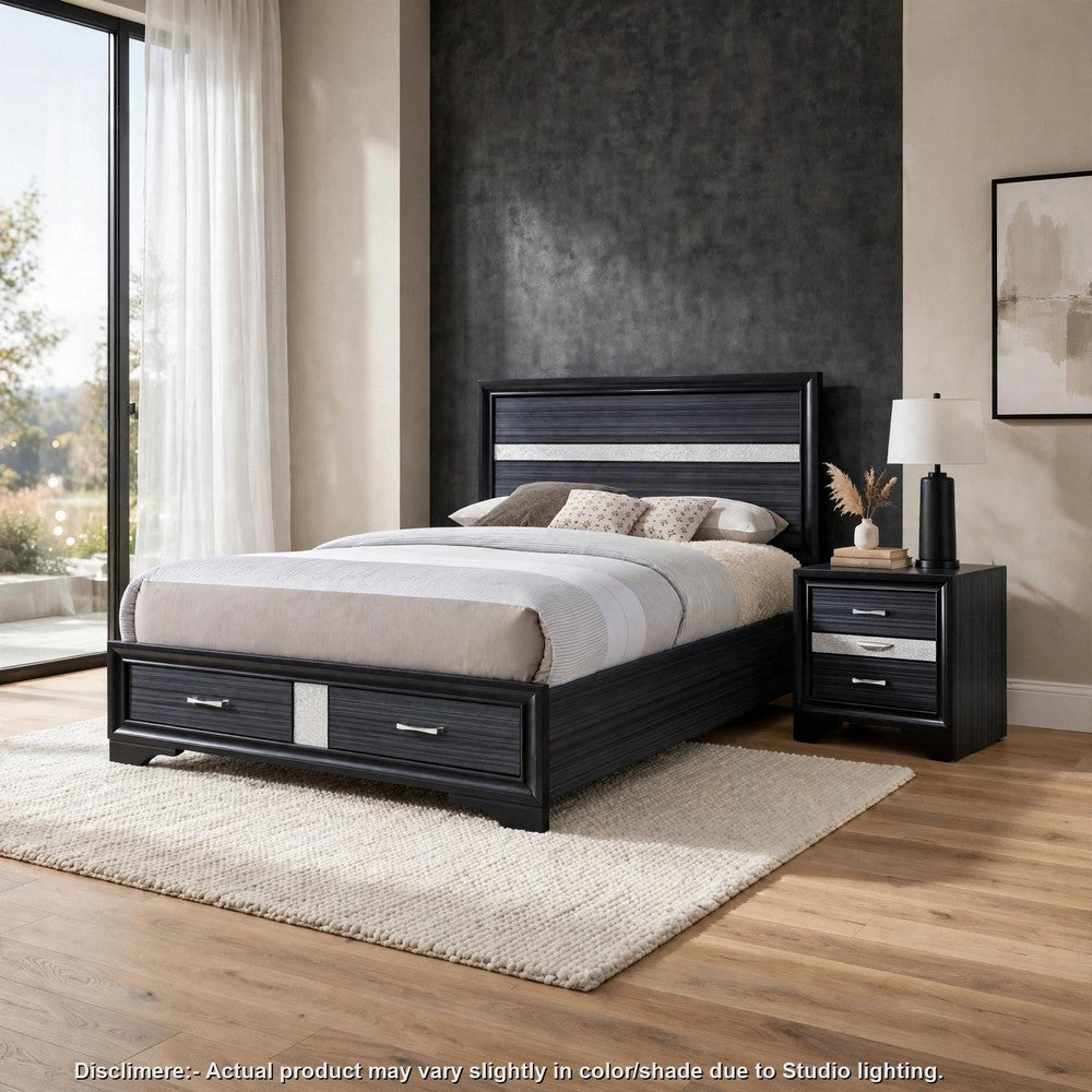 2pc Queen Bedroom Set, Storage Black, Gray, and Silver, Nightstand