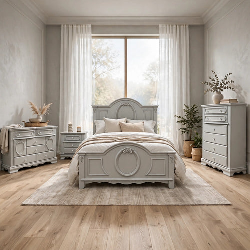 4-Piece Full Bedroom Set, Gray & Silver, Includes Full Bed, Nightstand, Dresser & Chest