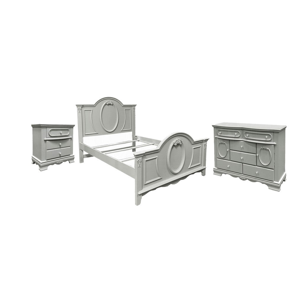 3pc Full Bedroom Set, Gray and Silver, Nightstand and Dresser