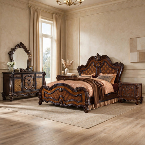 5pc King Bedroom Set, Brown, 2 Nightstands, Dresser, and Mirror