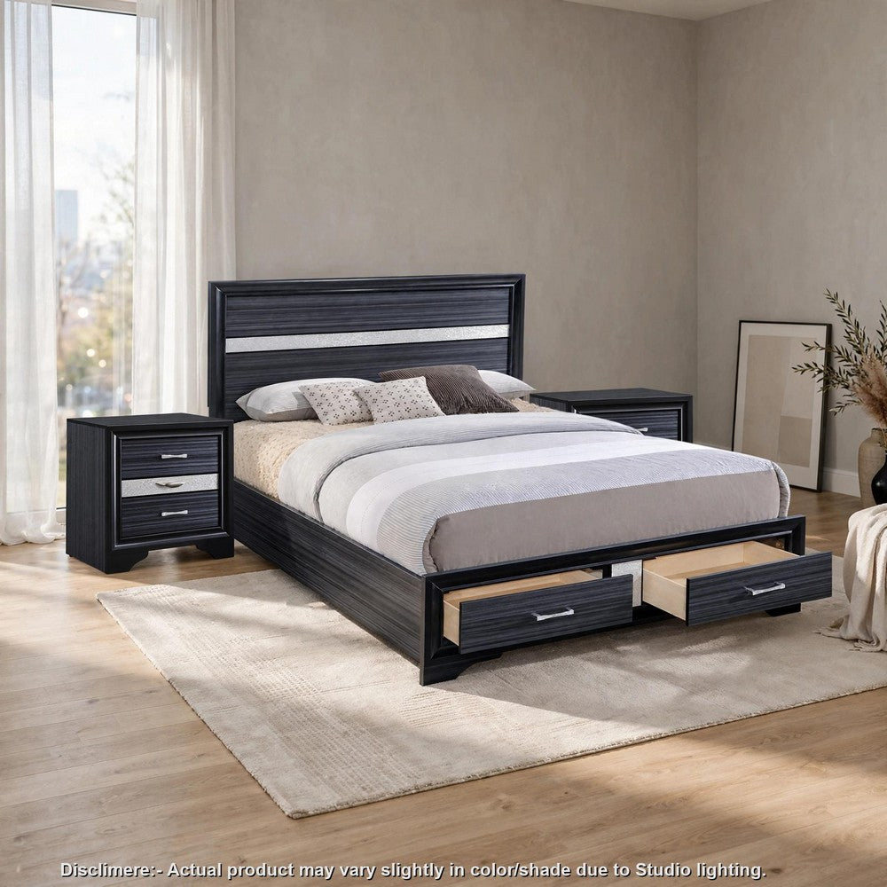 3pc King Bedroom Set, Storage Black and Silver, 2 Nightstands
