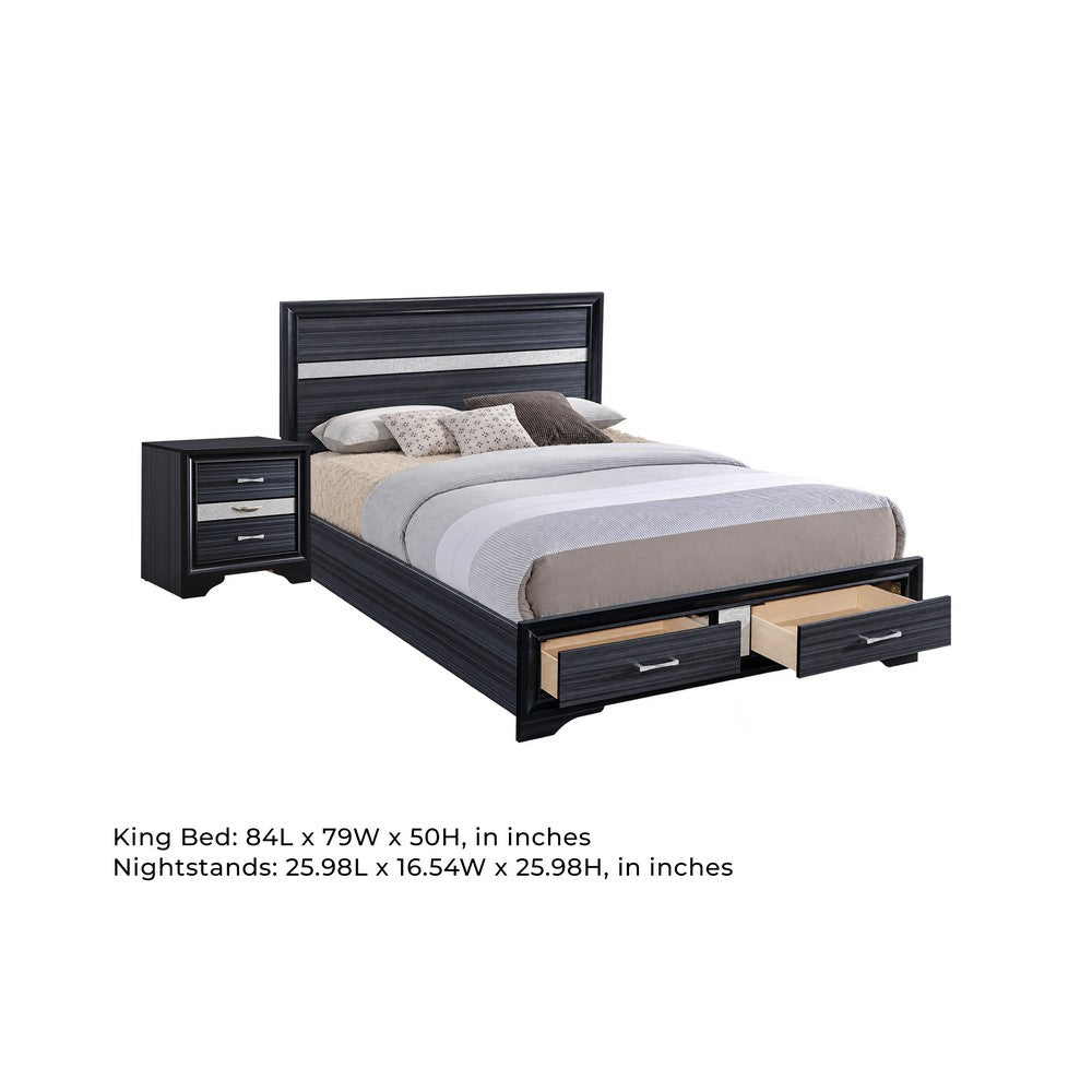2pc King Bedroom Set, Storage Black and Silver, Nightstand