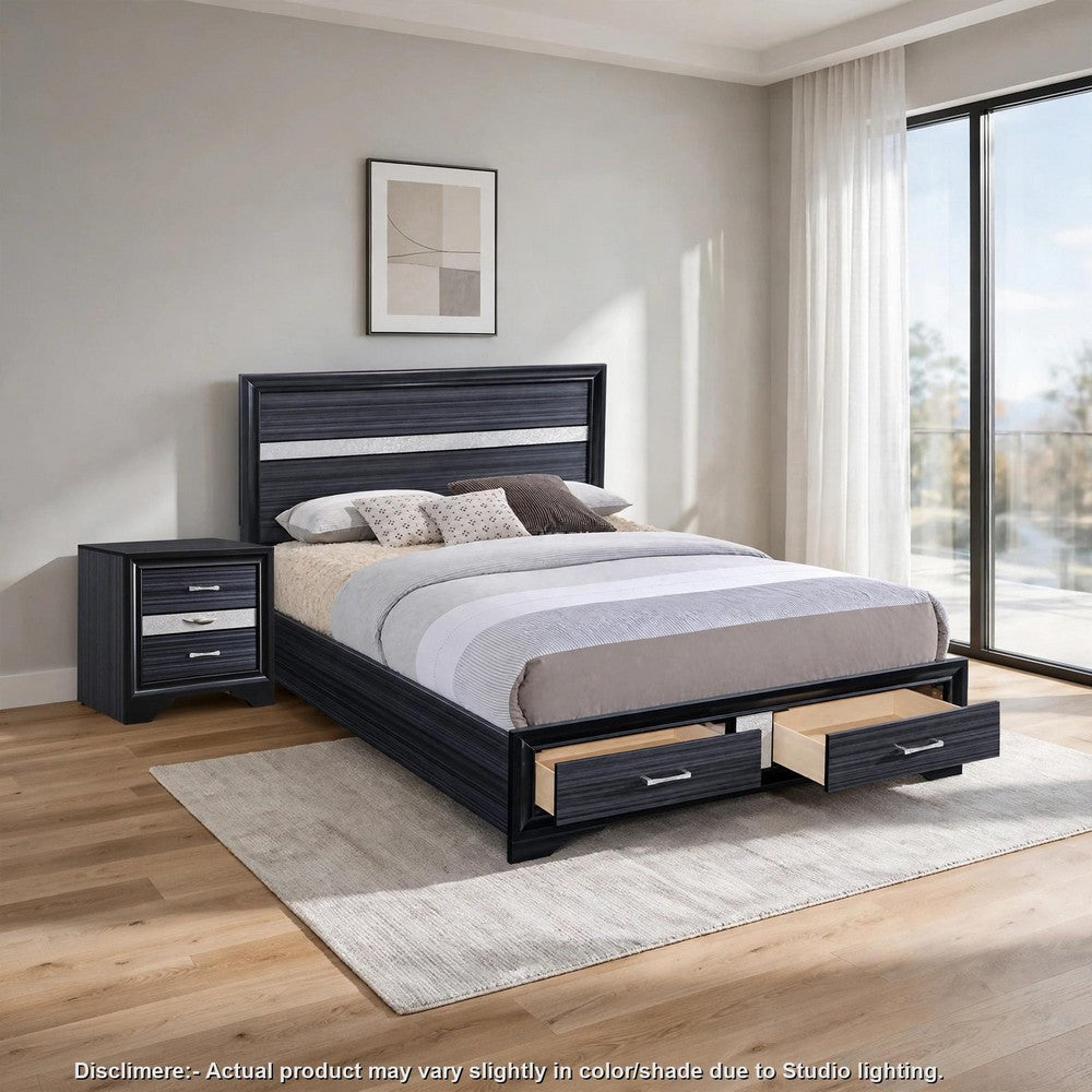 2pc King Bedroom Set, Storage Black and Silver, Nightstand