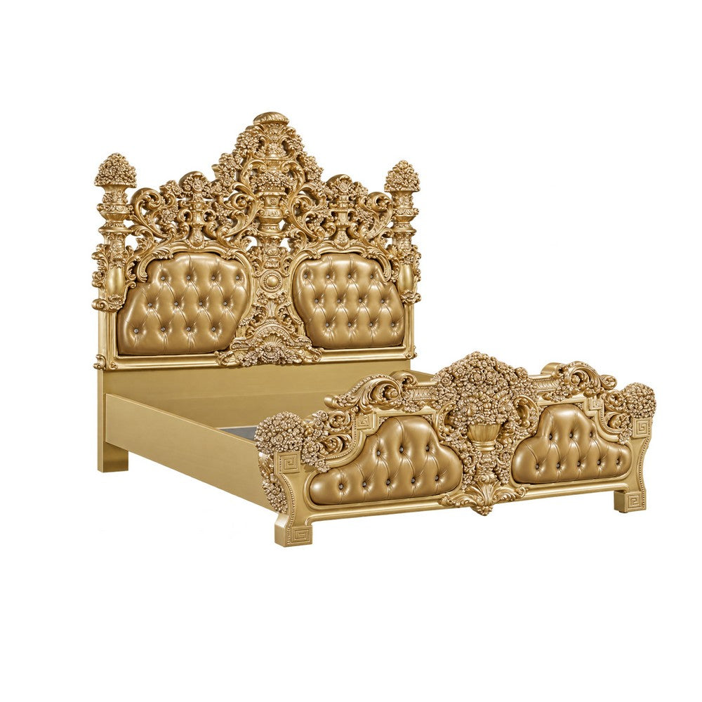 3pc King Bedroom Set, Upholstered Design, Gold, 2 Nightstands