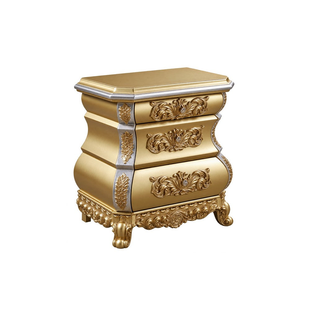3pc King Bedroom Set, Upholstered Design, Gold, 2 Nightstands