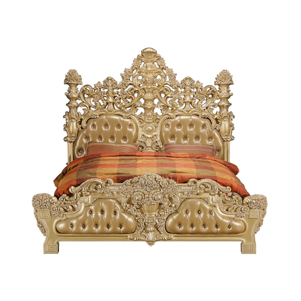 3pc King Bedroom Set, Upholstered Design, Gold, 2 Nightstands