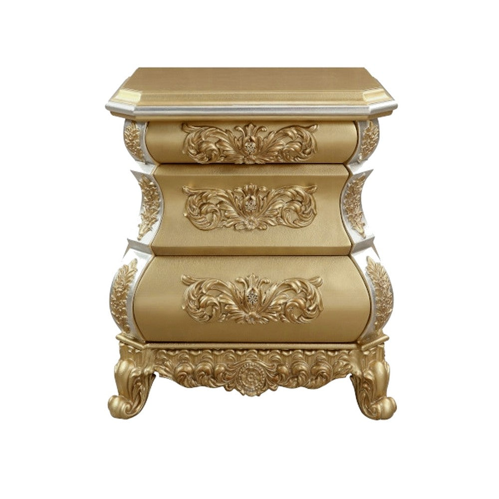 3pc King Bedroom Set, Upholstered Design, Gold, 2 Nightstands
