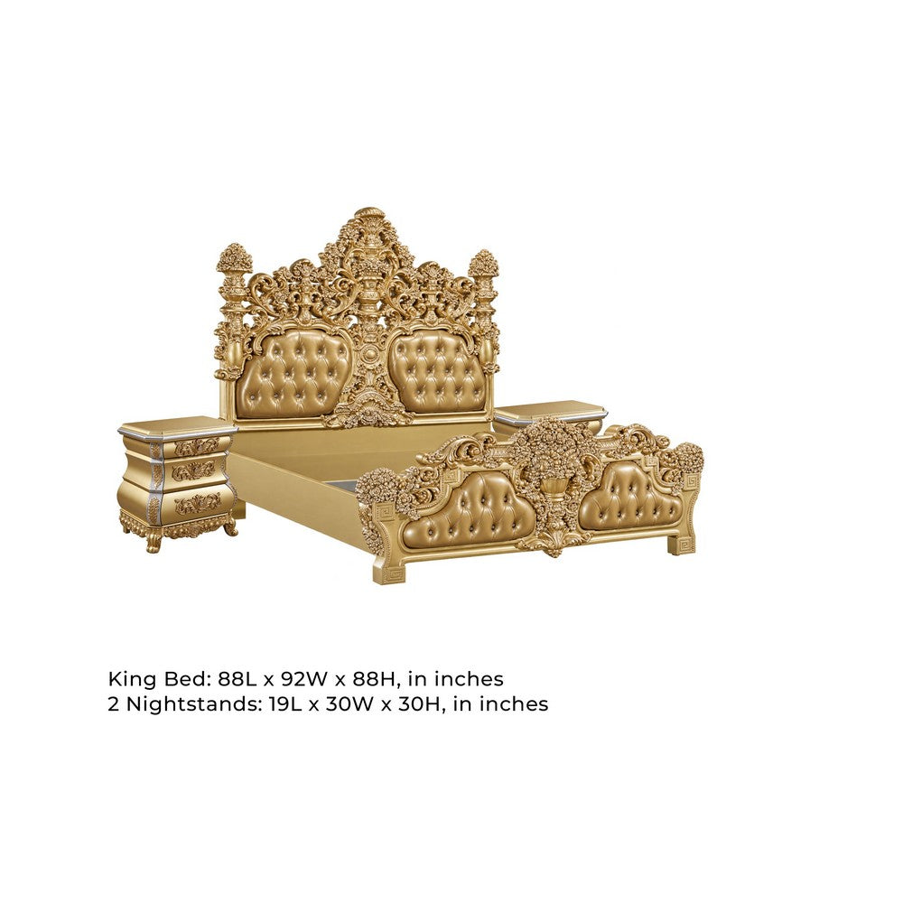 3pc King Bedroom Set, Upholstered Design, Gold, 2 Nightstands