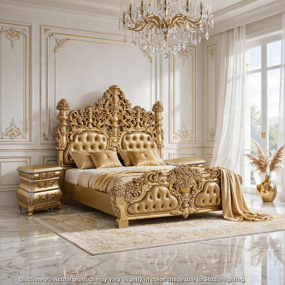 3pc King Bedroom Set, Upholstered Design, Gold, 2 Nightstands