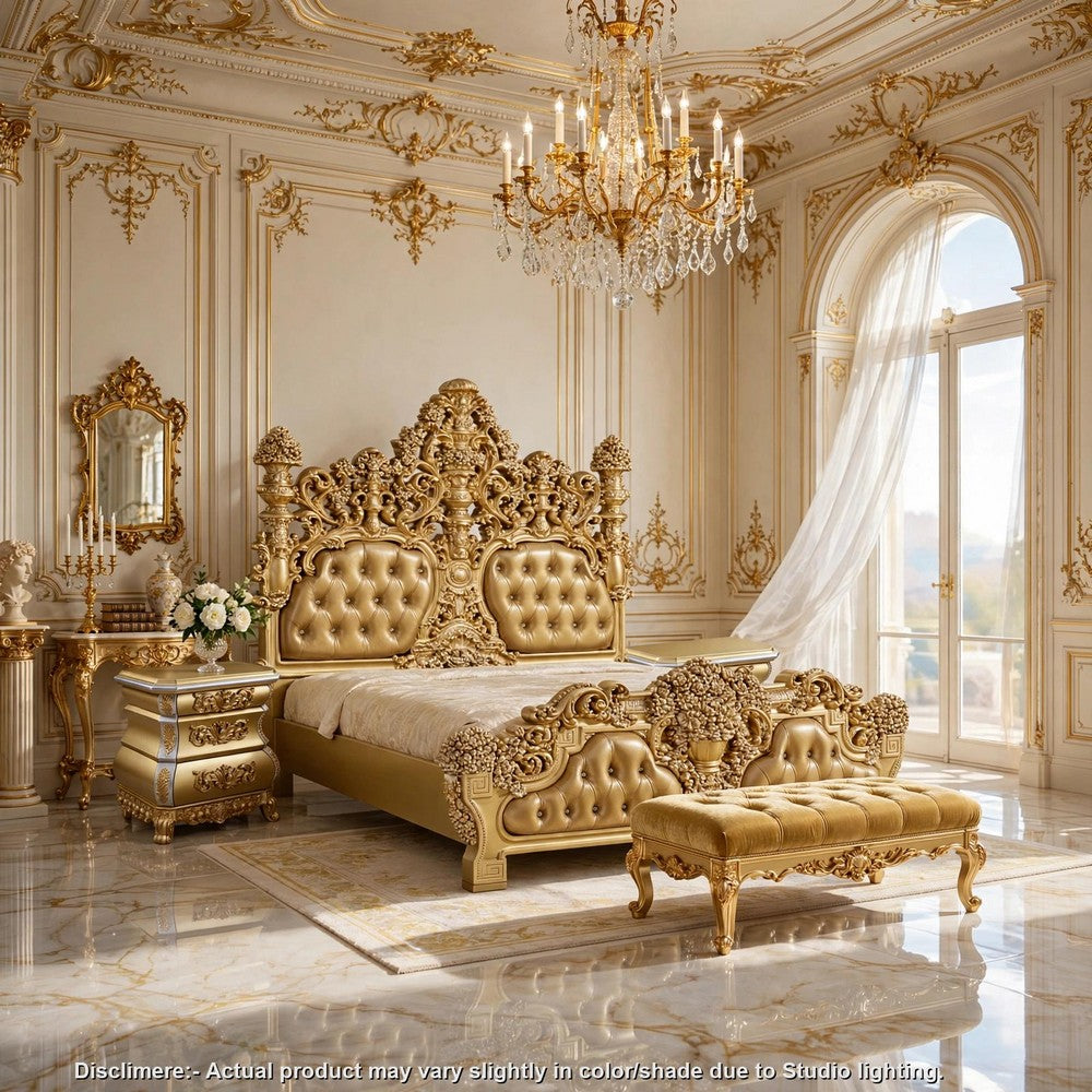 3pc King Bedroom Set, Upholstered Design, Gold, 2 Nightstands