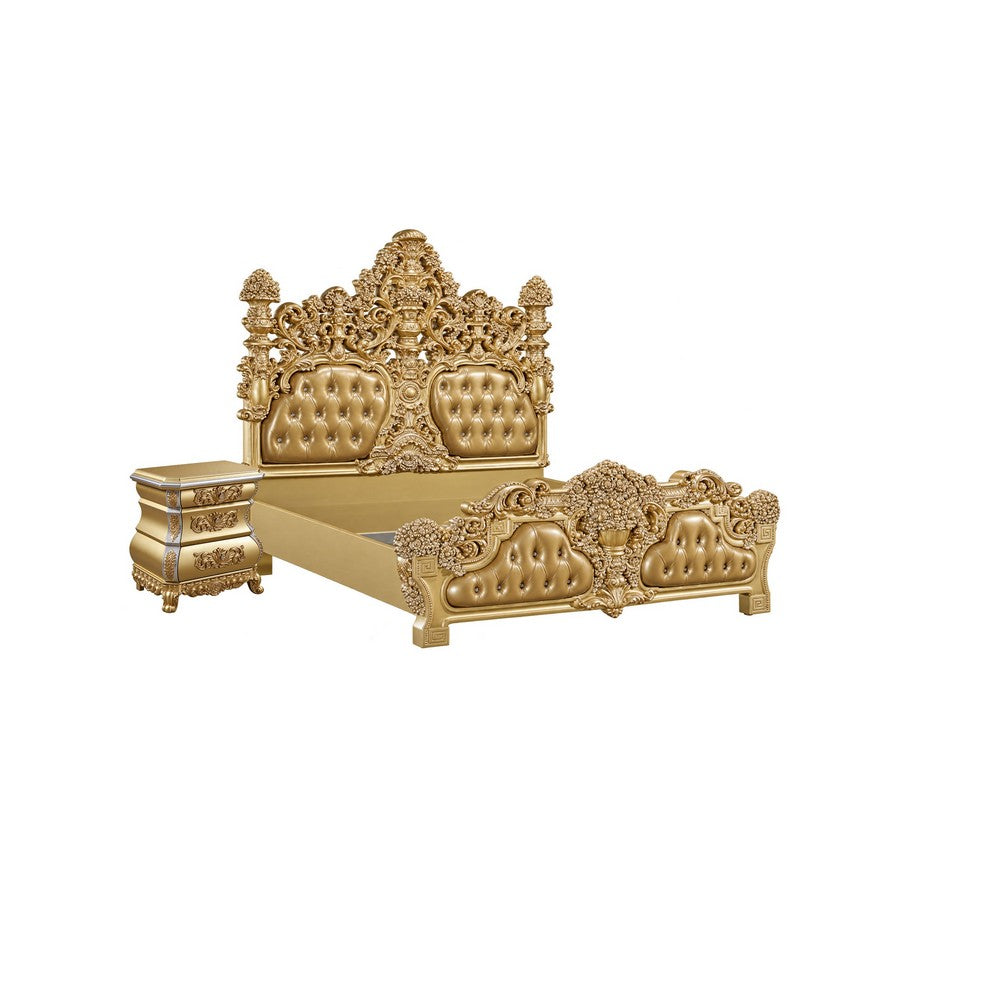 2pc King Bedroom Set, Upholstered Design, Gold, Nightstand